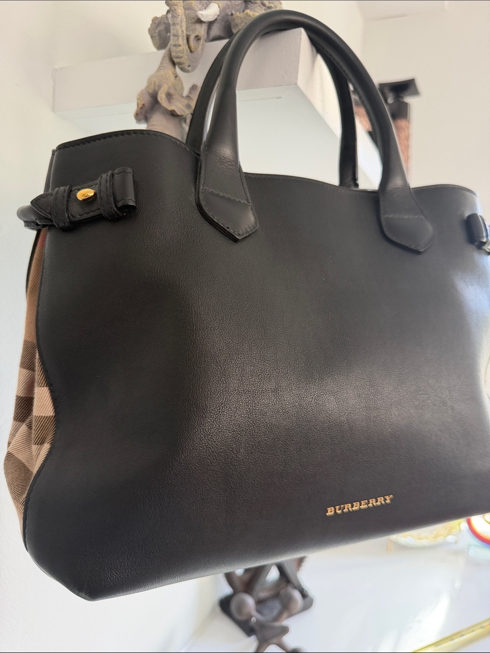 Burberry Black Leather Tote with Vintage Check Panels